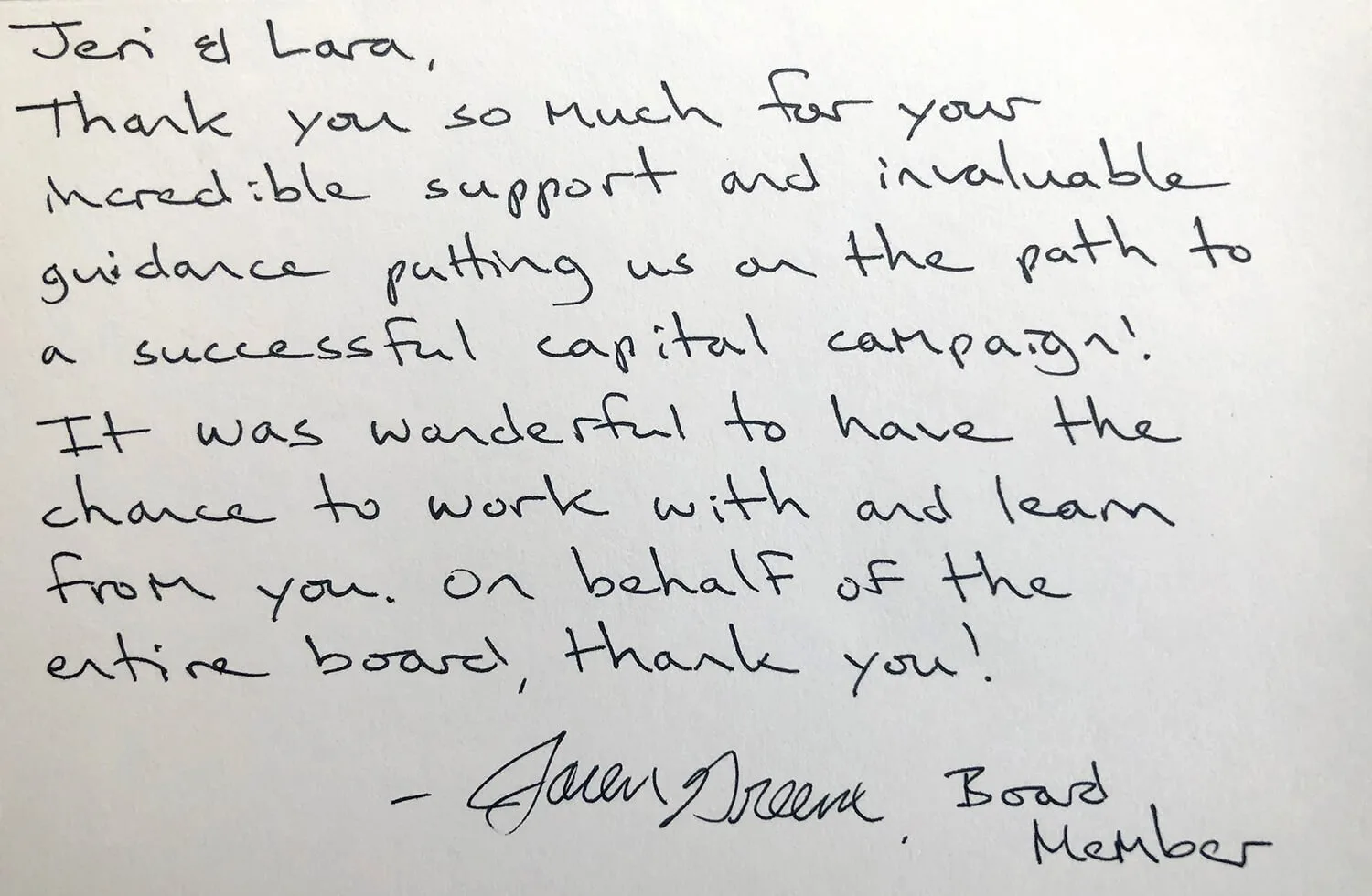 capital campaign thank you note from board member